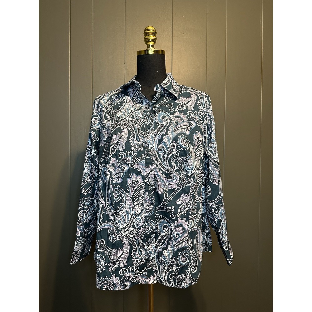 Talbots Haberdashery Multicolor Blue Purple Paisley Print Button Up Blouse 14W